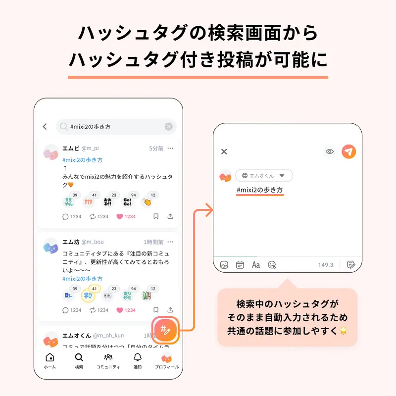 ハッシュタグ検索画面から、ハッシュタグ付き投稿が可能になった機能の紹介。
検索画面右下の投稿ボタンをタップすると、そのハッシュタグが自動入力された状態で投稿作成画面が開きます。