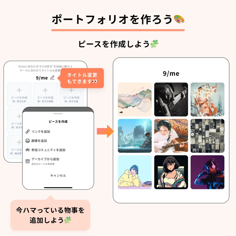 ポートフォリオのピースを追加する方法を紹介する画像。
ピースに、リンク・画像・参加コミュニティから選んで追加できるメニュー画面を表示しています。
右側には、ピースを全て設定したイメージ例を掲載。